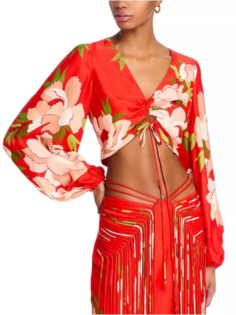 FARM Rio Peony Cropped Top XXS NWT Red Floral Ruched Tie Front